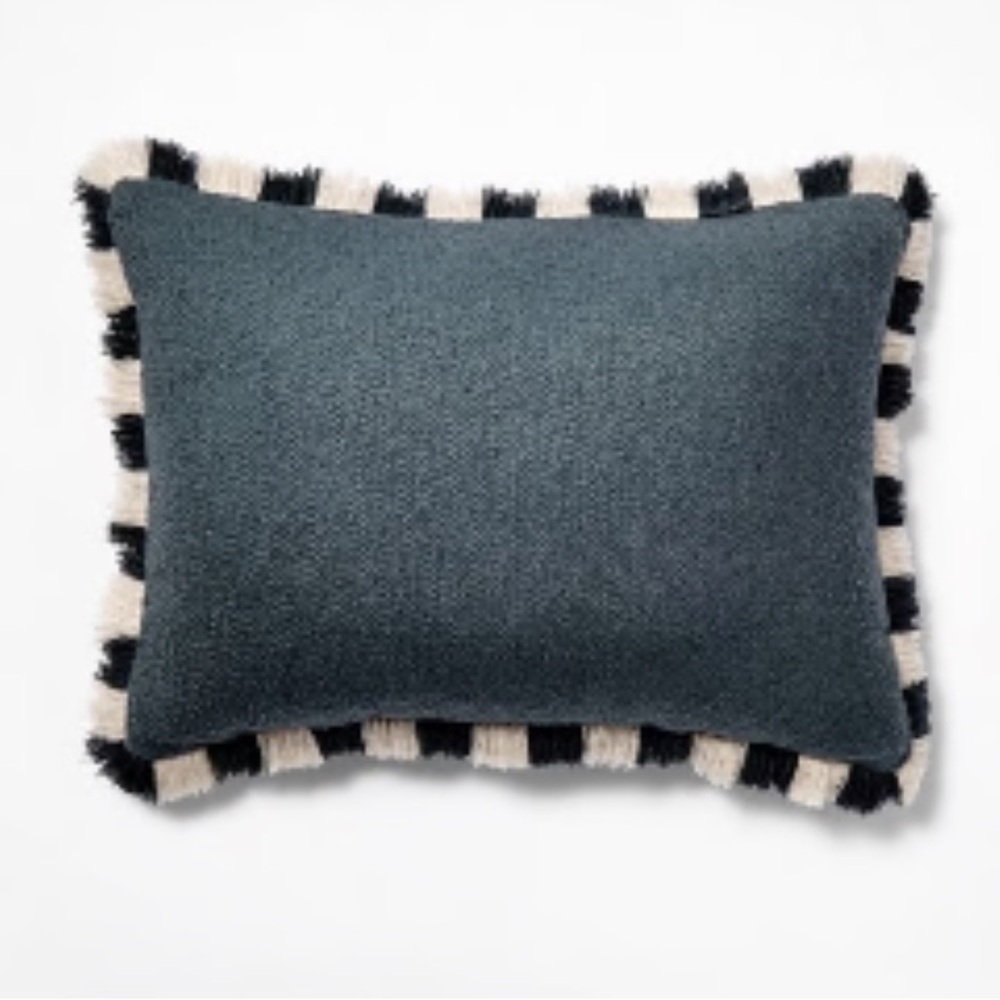 NEW Threshold Studio McGee Navy Texture Tan Lumbar Throw Pillow w/Stripe Fringe